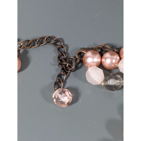 Pink Gray Faceted Bead Faux Pearl Triple Strand Layer Necklace 20" - Picture 6 of 9
